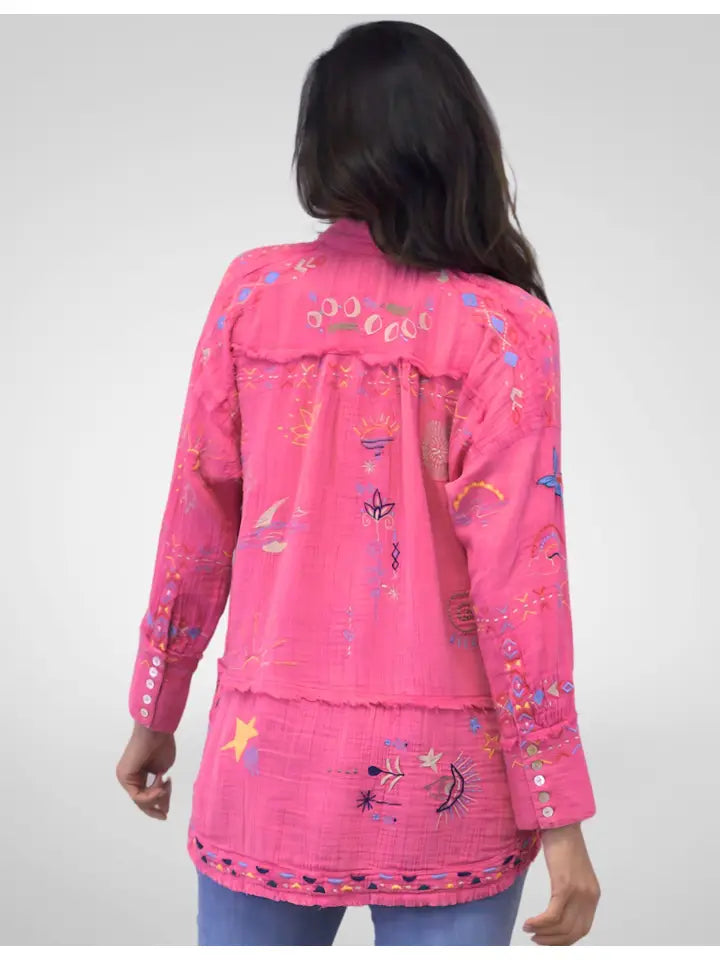 Kyla Seo Azalea Pink Gauze Button Front Emb Shirt KSBH59