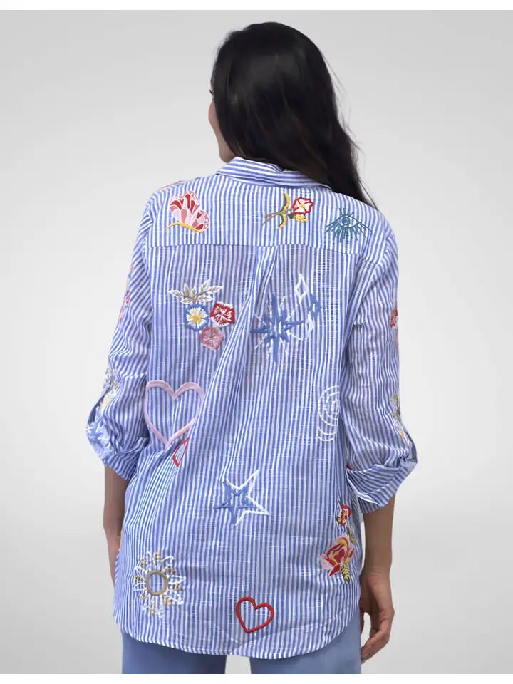 Kyla Seo Blue Stripe Emb Button Front Shirt KYIC350