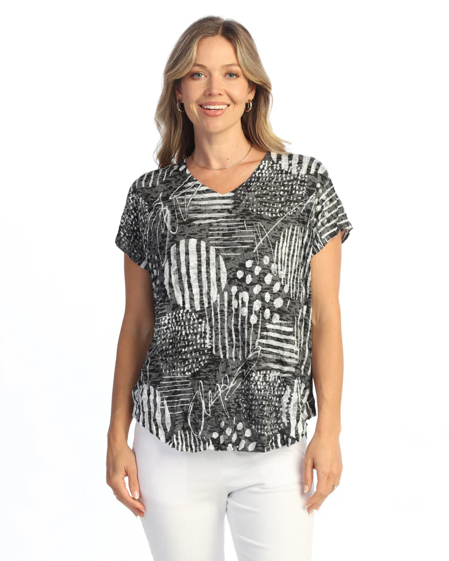 Jess & Jane Black/White Crinkle Printed Zippy Top SC1-2198X