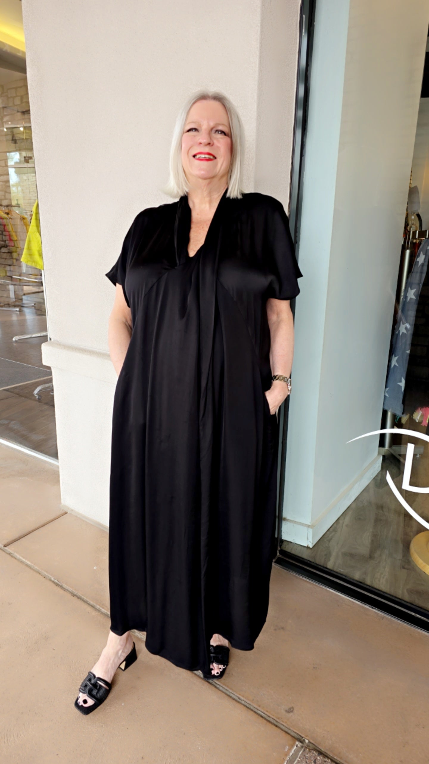 Ozai Black Satin Pocket Dress 840428