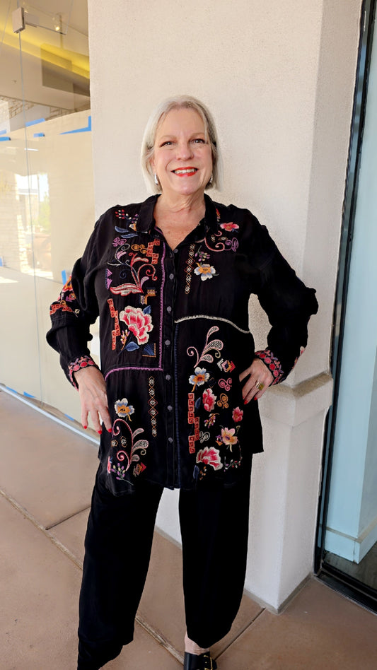 Johnny Was Black Marcia Emb. Button Front Blouse C14625-7