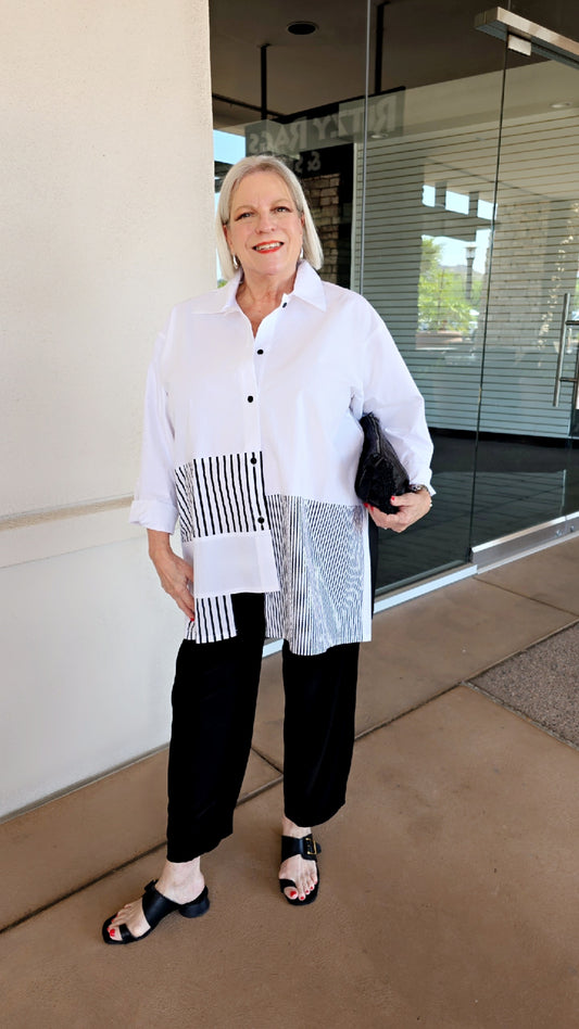 Christopher Calvin Plus Size White/Black Striped Blouse 4550