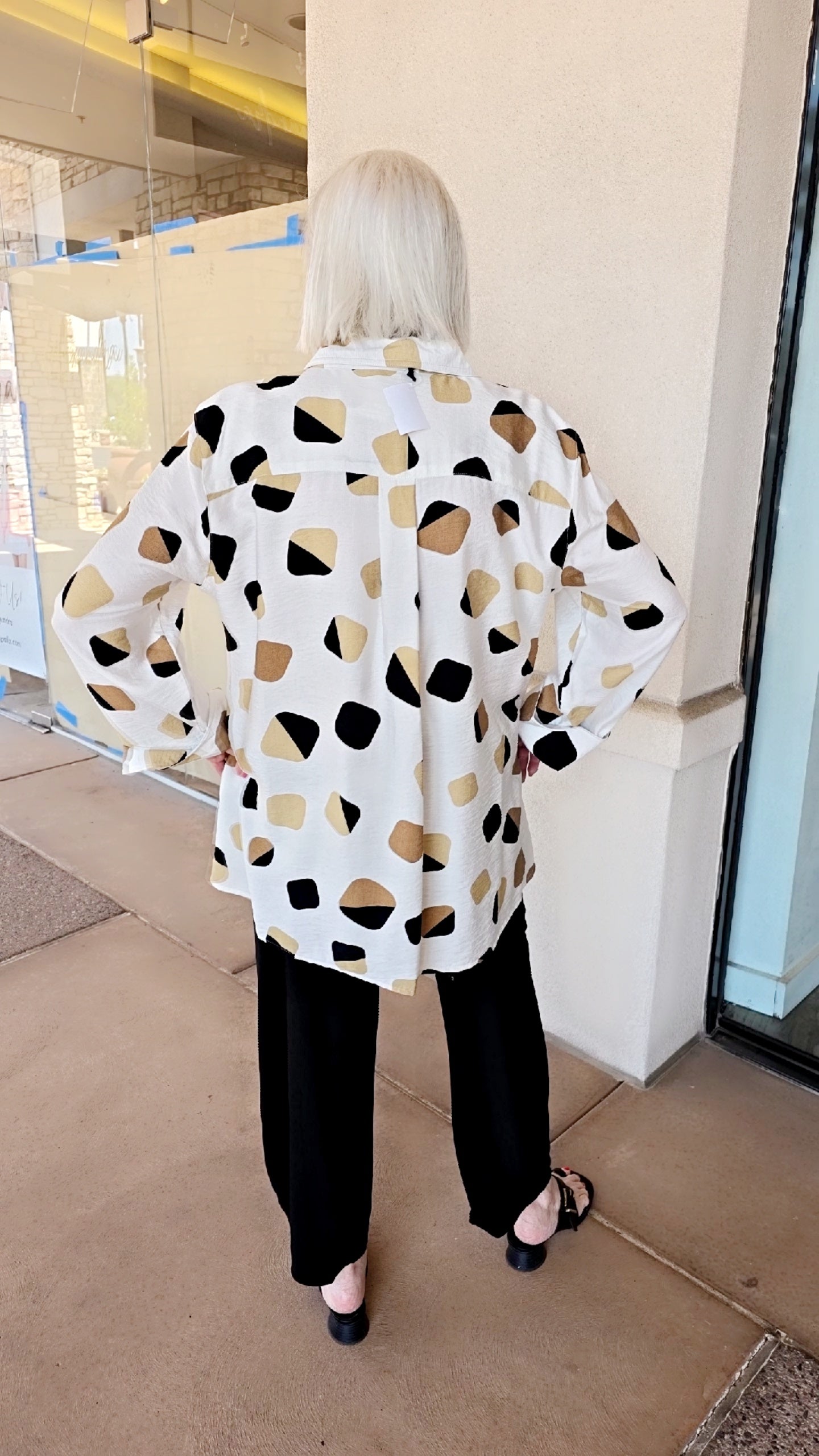 Multiples Plus Size White/Tan Square Dot Button Front Shirt M35301BW