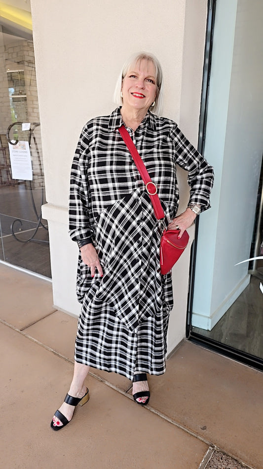 Baci Black/White Plaid Button Front Shirt Dress 12519OL62