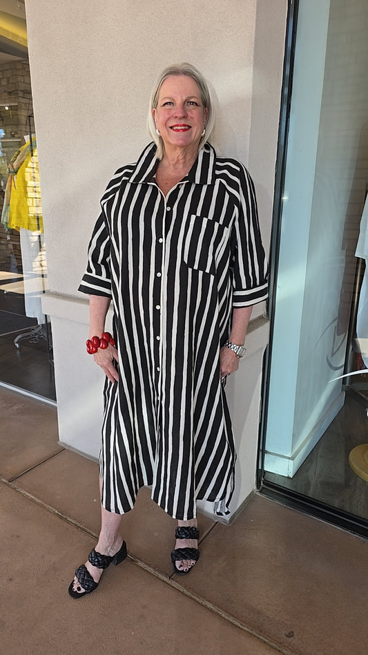 Orientique Plus Size Black Striped Button-Down Shirt Dress 71460