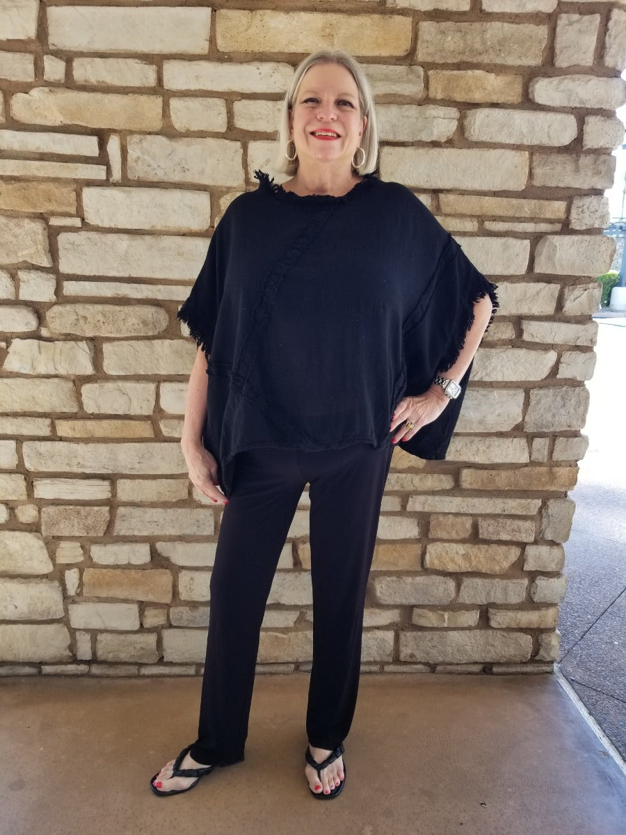 Oh My Gauze One Size Black Fringe Top Pisces