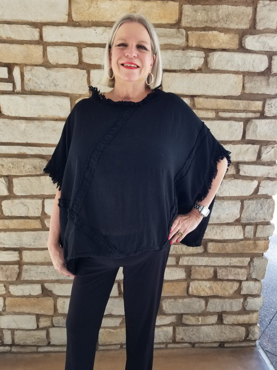 Oh My Gauze One Size Black Fringe Top Pisces