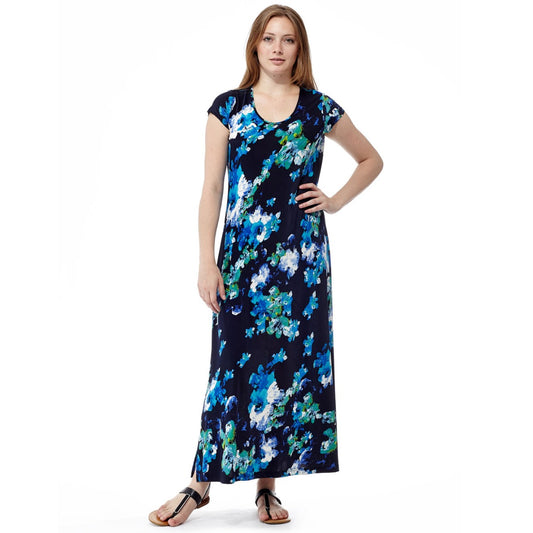 La Cera Plus Size Blue Floral Short Sleeve Dress 2557X-21
