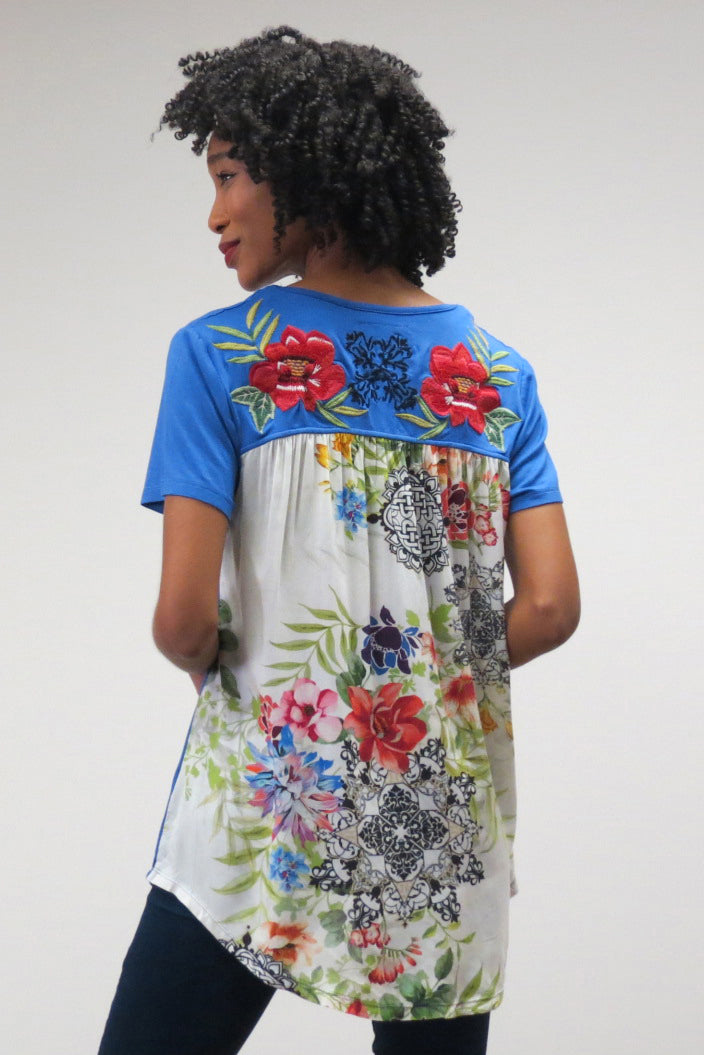 Caite Plus Size Ladys Blue Floral Back Tunic CTCO453