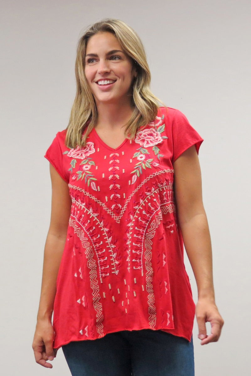 Caite Plus Size Red Embroidered Pullover Top CTC0612