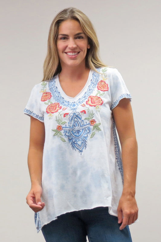 Caite Plus Size Sky Blue Tie Dye Embroidered Top CTC0627