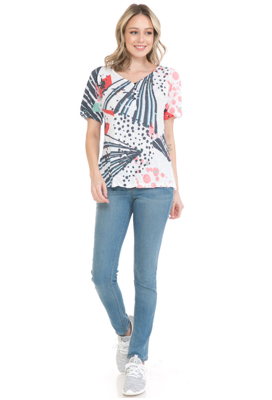 Cubism Plus Size Multi Henley Short Sleeve Crinkle Top 153-13292X