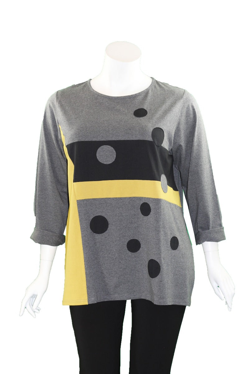 Redwood Court Plus Size Black/Grey/Yellow Dot Block Top T706DX