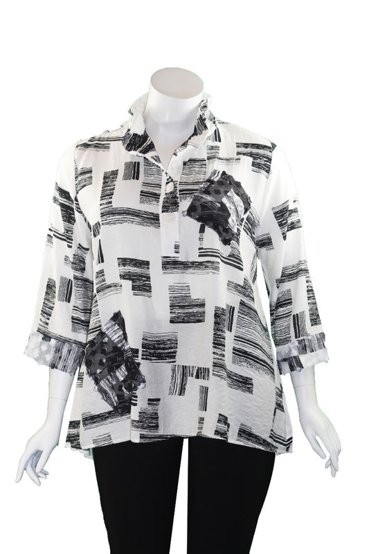 Cubism Plus Size Black/White Henley Shirt 413-13567X-12326