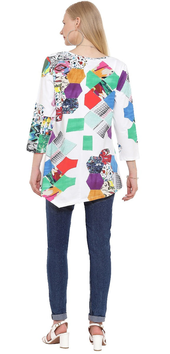 Parsley & Sage Plus Size White/Multi Liz Asym Split Tunic 22T13T5P