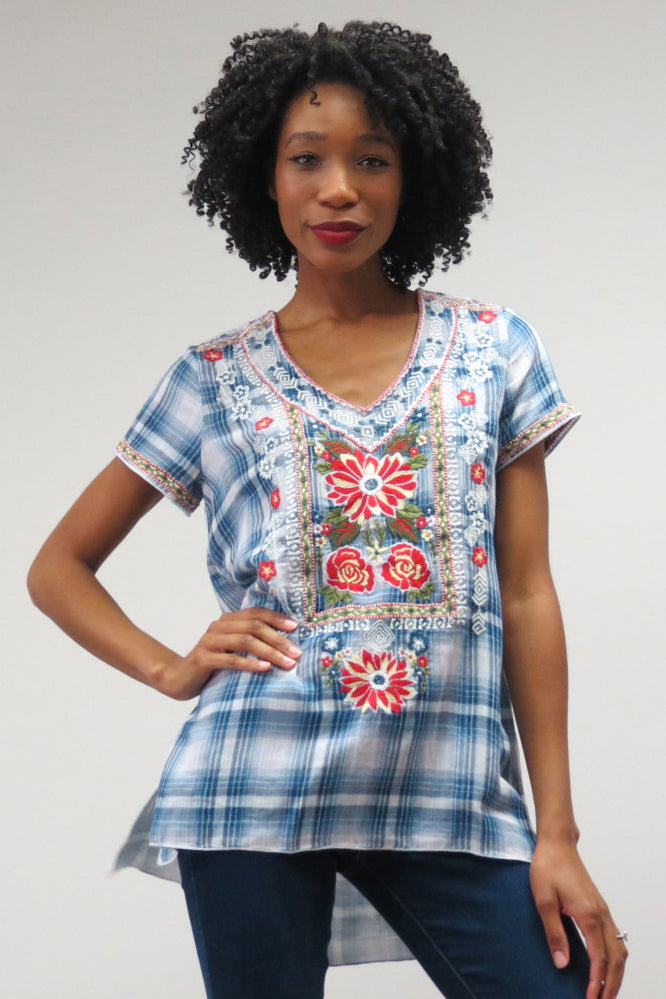 Kyla Seo Plus Size Ladys Plaid Embroidered Tunic KYVKIO