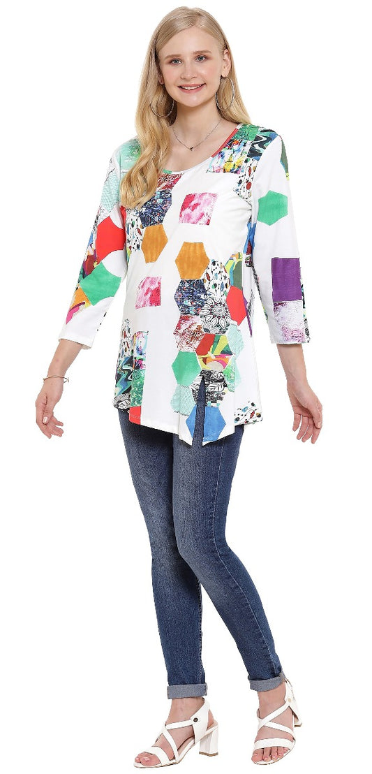 Parsley & Sage Plus Size White/Multi Liz Asym Split Tunic 22T13T5P