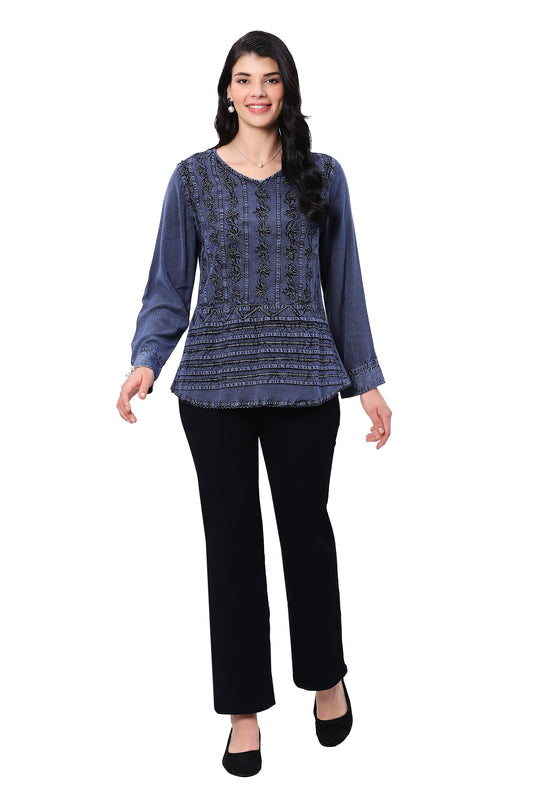 Parsley & Sage Plus Size Blue Denim Emma Top 25F583CP