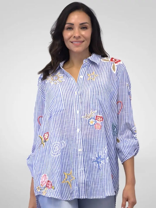 Kyla Seo Blue Stripe Emb Button Front Shirt KYIC350