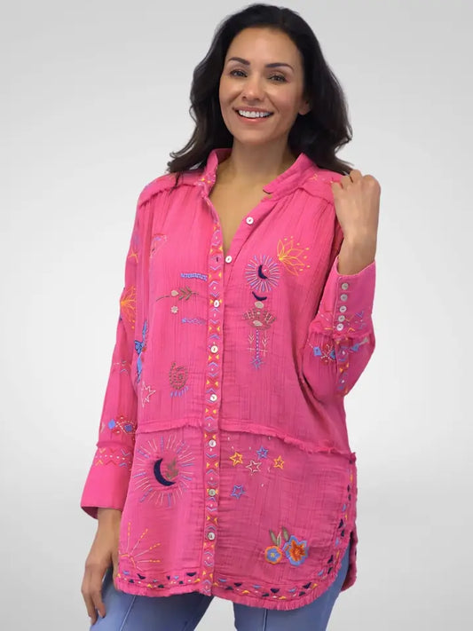 Kyla Seo Azalea Pink Gauze Button Front Emb Shirt KSBH59