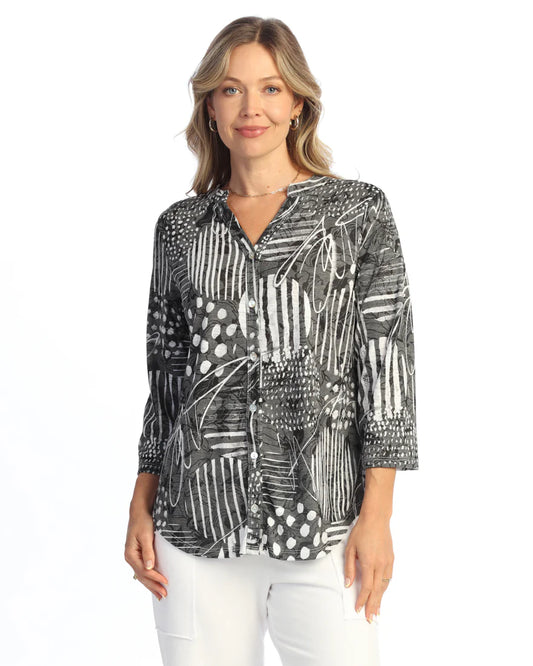 Jess N Jane Black/White Printed Button Front Shirt SG2-2198X