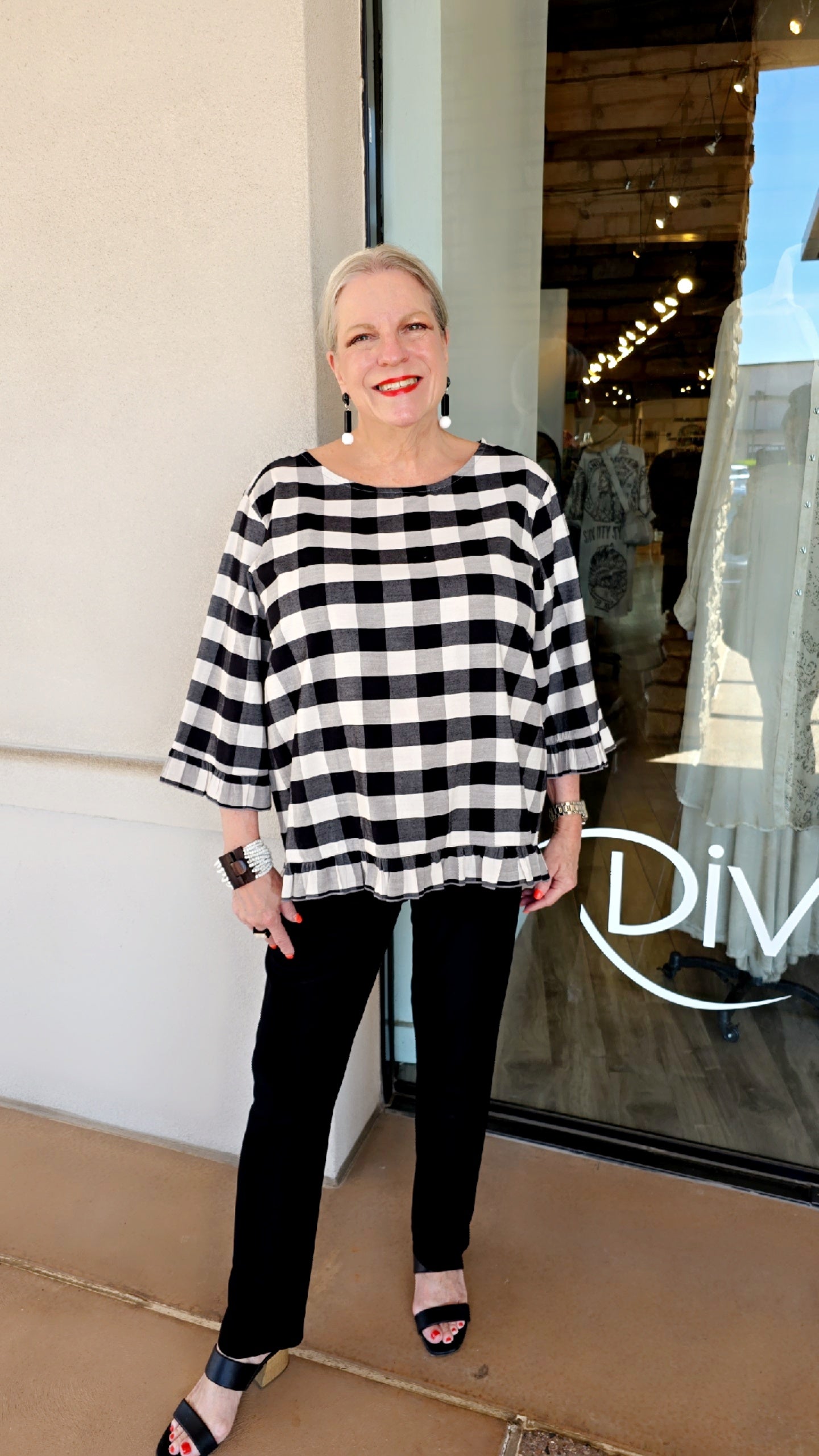 Multiples Black/White Plaid Ruffle High/Low Top M36608TM