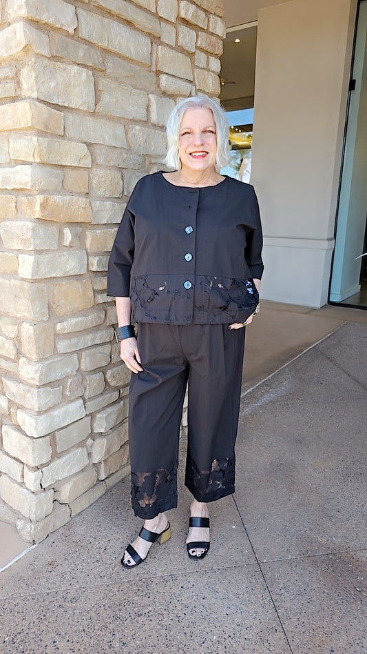 Terra Black Lace Sheer Button Front Jacket T4676