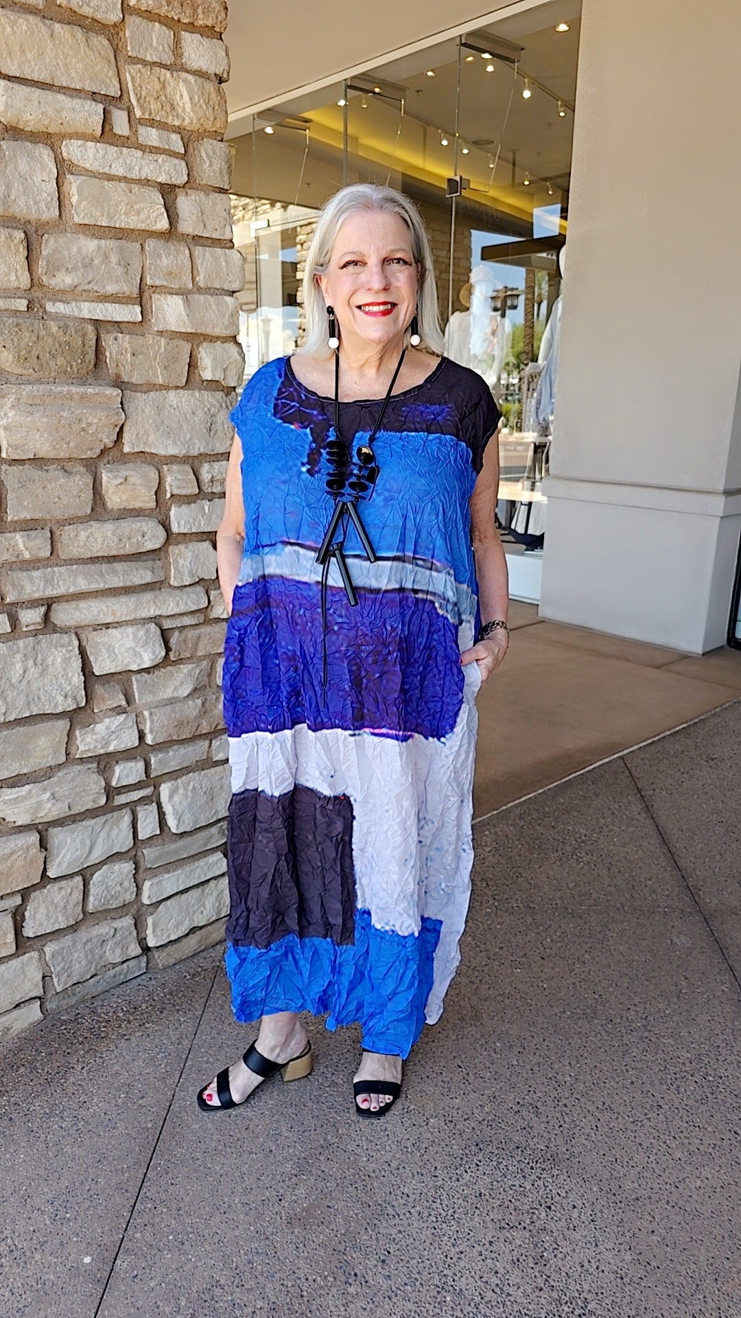 3 Potato Blue Combo Crinkle Sleeveless Light Weight Dress J014