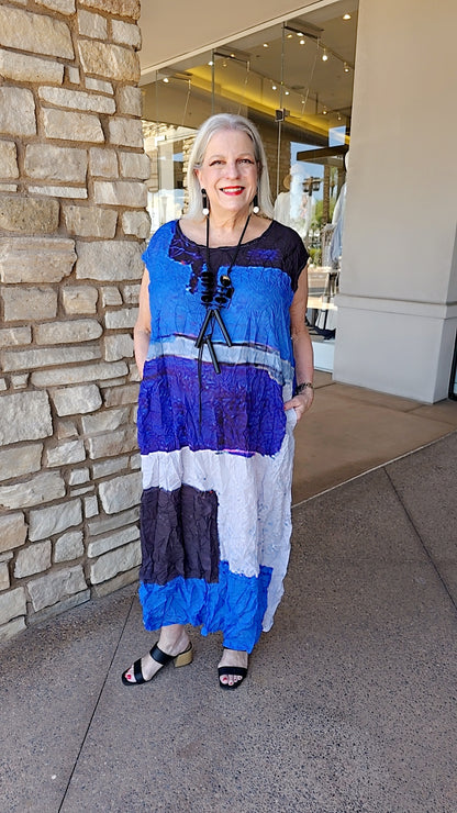 3 Potato Blue Combo Crinkle Sleeveless Light Weight Dress J014
