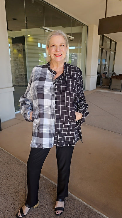 Moonlight Black/White Plaid Half Button Top 2906