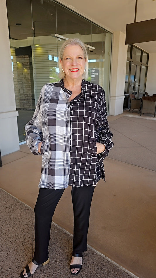 Moonlight Black/White Plaid Half Button Top 2906