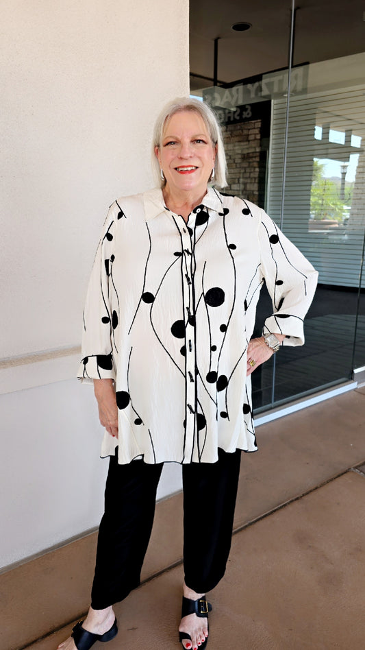 Multiples Plus Size Ivo/Black Dot Button Front Shirt M35306BW