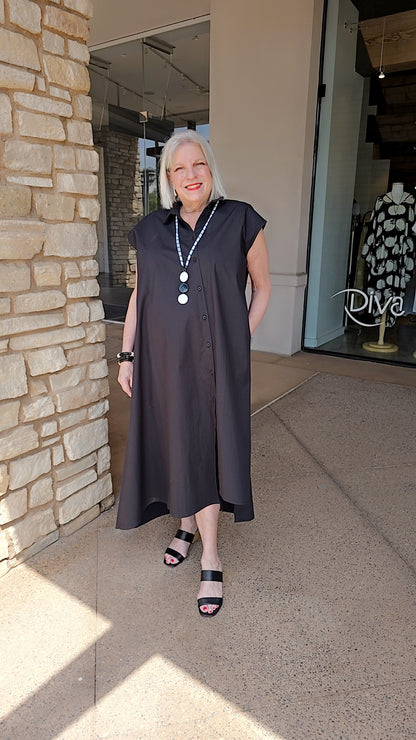 Lotus Eaters Black Angled Buton Front Sleeveless Dress Enikon