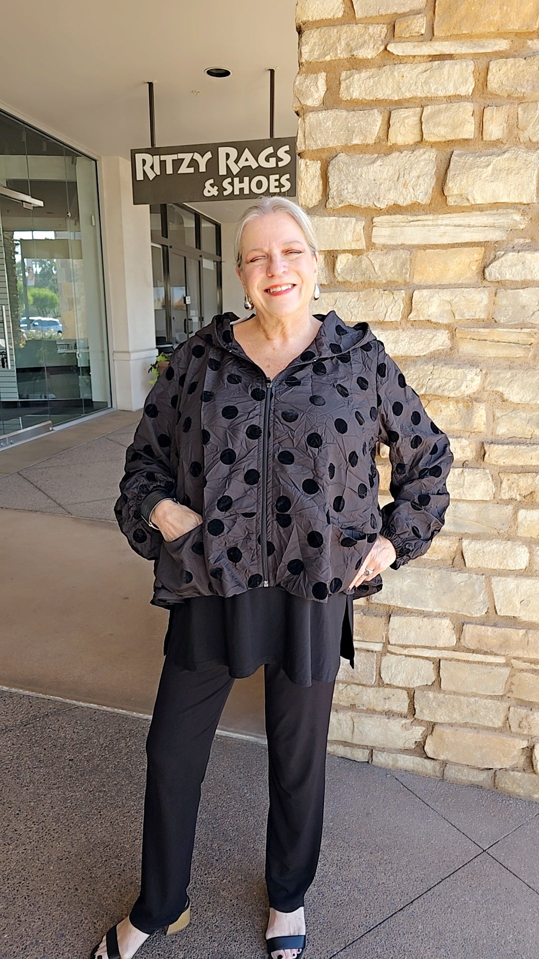 Gershon Bram Black Polka Dot Crinkle Zip Short Jacket GB38090