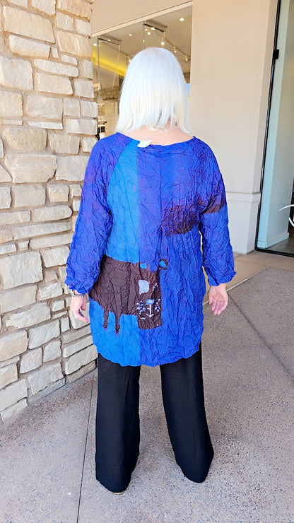 3 Potato Blue Combo Crinkle Printed Button Front Long Top J008