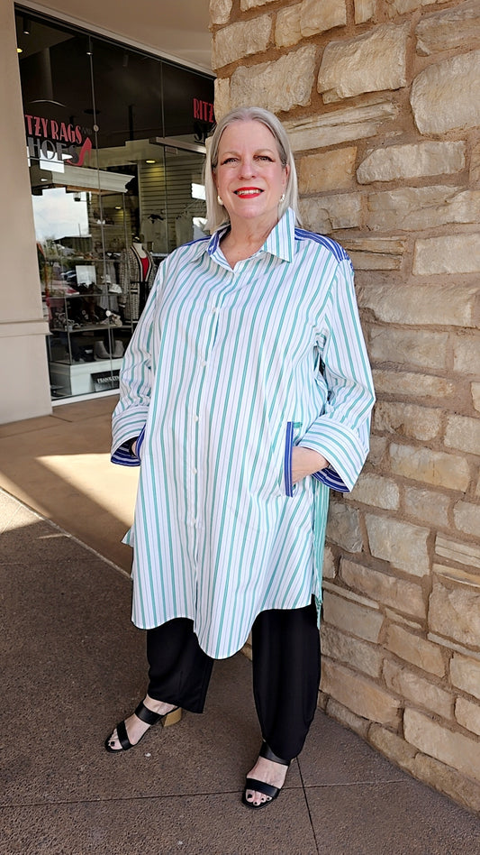 Lior White/Blue Striped Shirt Dress-Debra