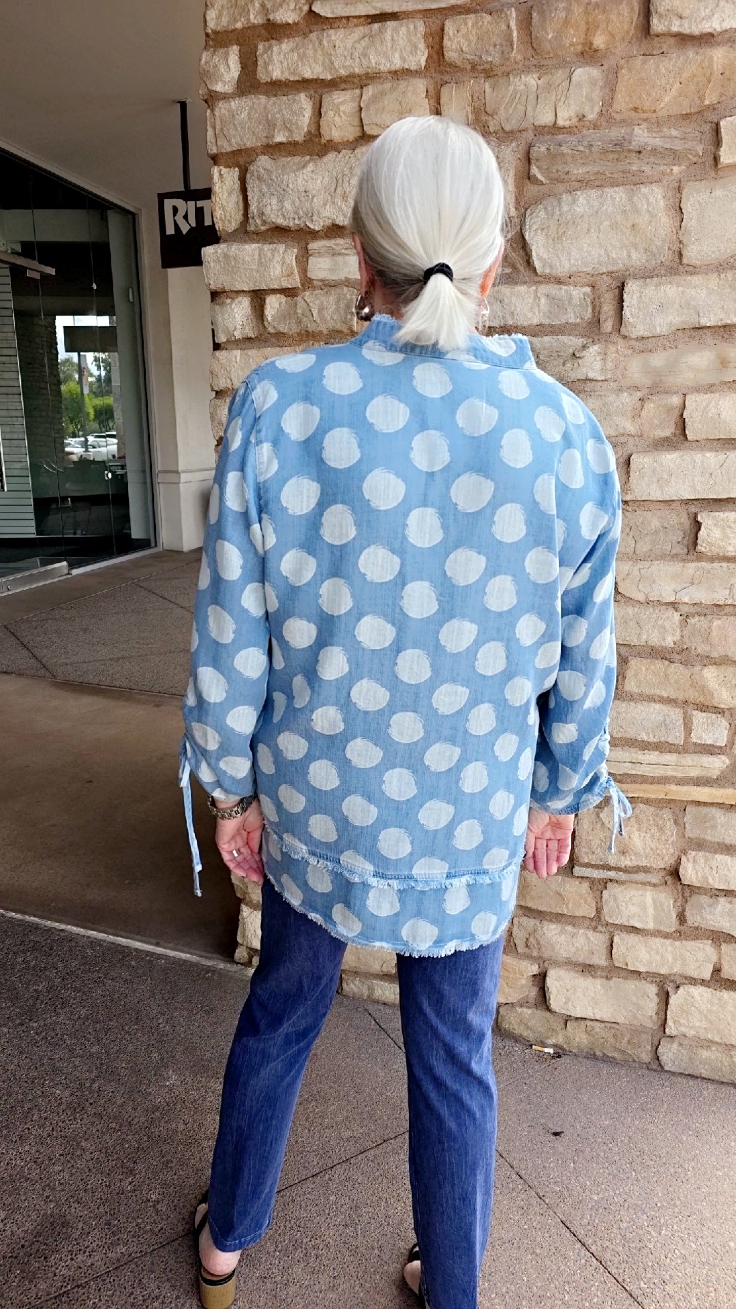 Multiples Plus Size Light Demin Dot Half Button Shirt M16111TM