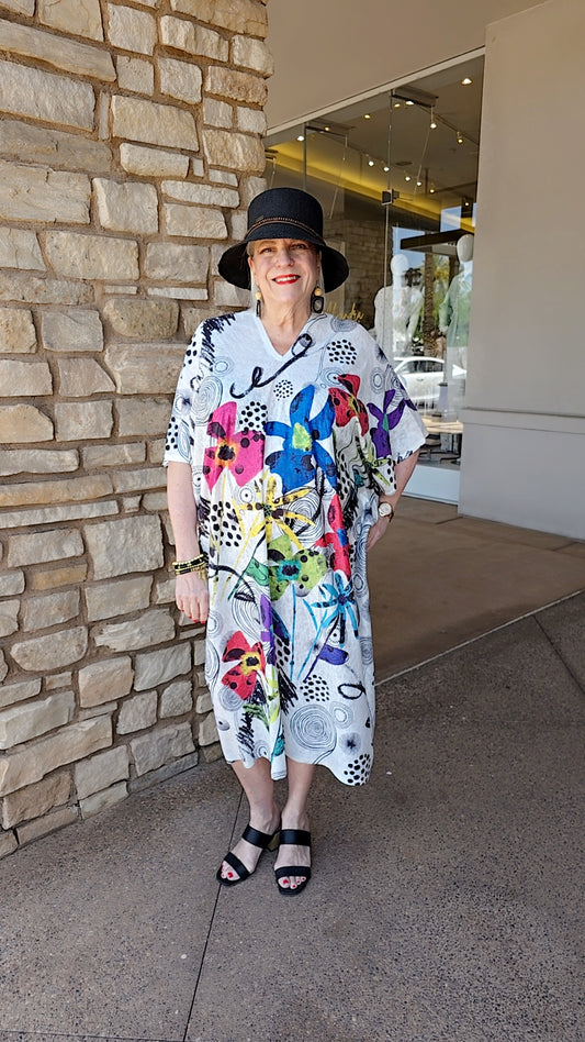 Et'Lois One Size White Colorful Flower Dress C7511-V117