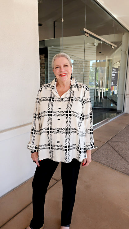 Multiples Cream/Black Plaid Print Button Front Shirt M36610BM