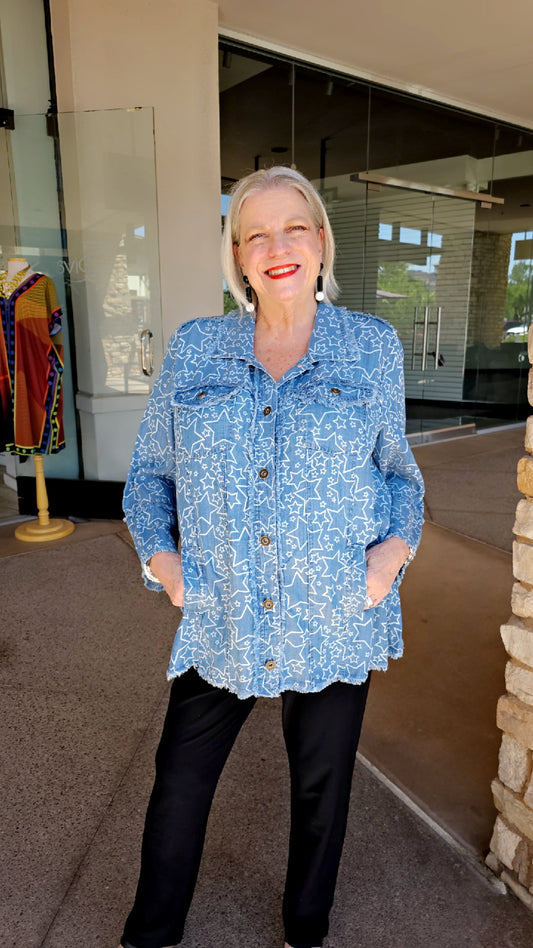 Multiples Light Denim Star Button Front Shirt M26308JW