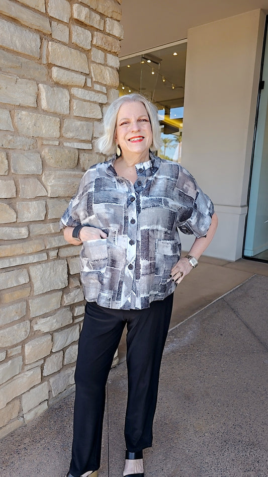 Terra Grey Block 2 Pocket Button Front Top T4653