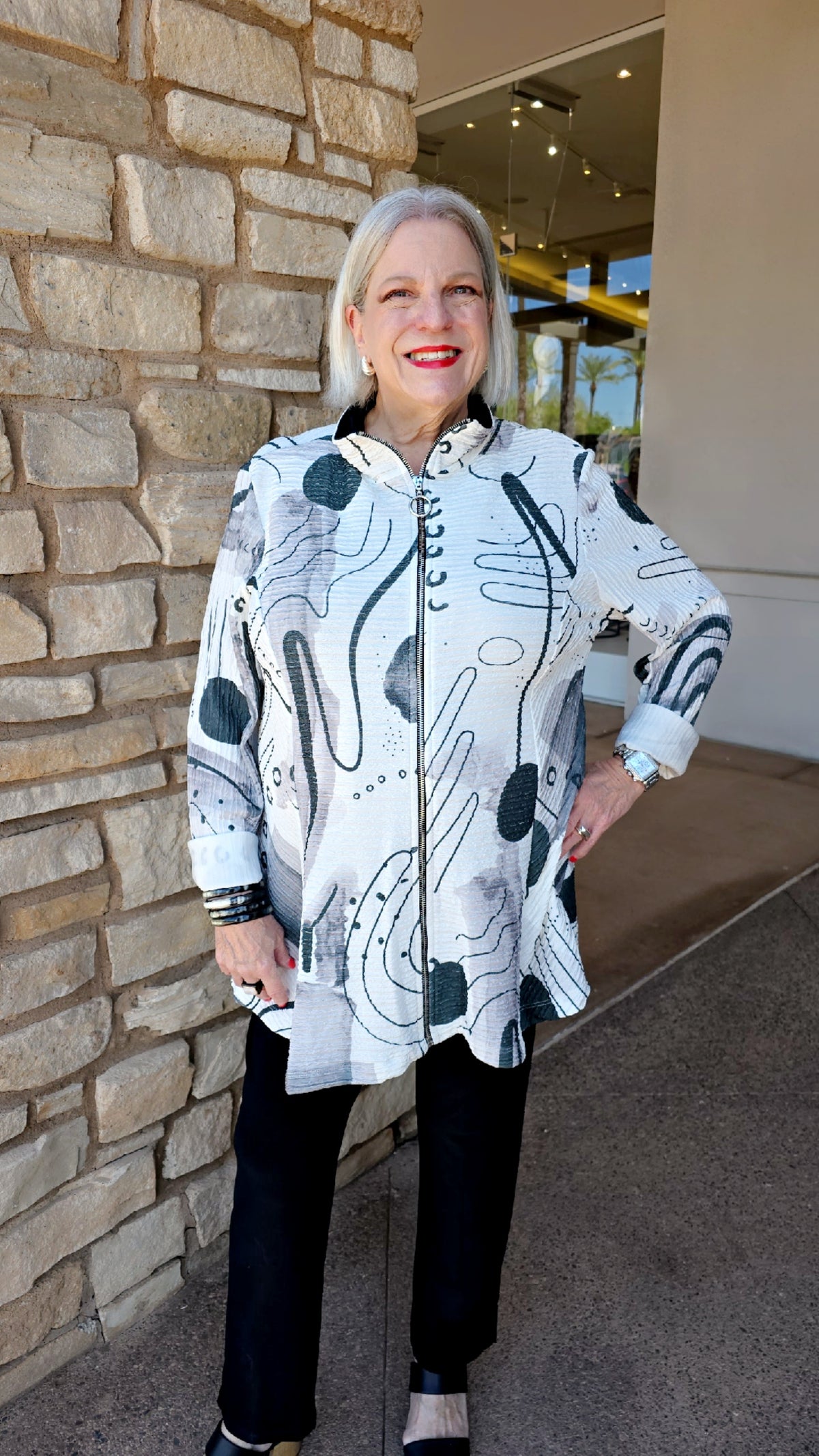 Et' Lois White/Black Printed Textured Zip Jacket GR6704-1170