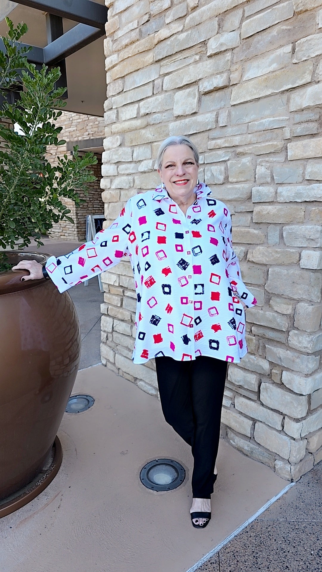 Multiples Multi Square Print Turn Up Cuff 3/4 Slv Button Front Shirt M16606BM