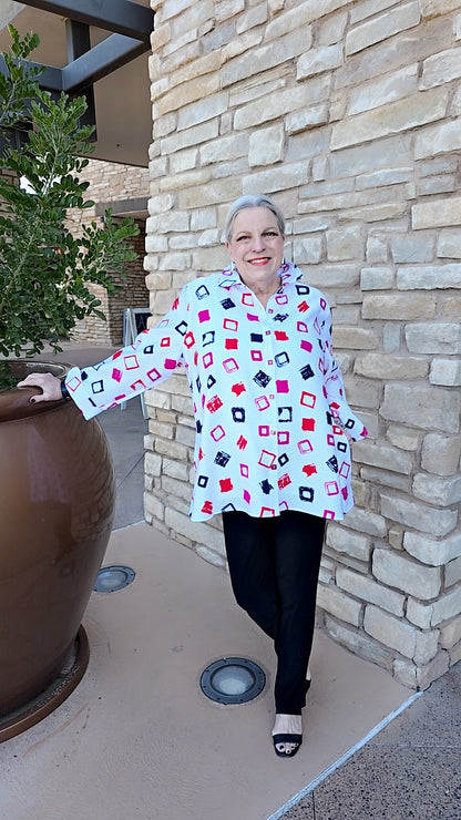 Multiples Multi Square Print Turn Up Cuff 3/4 Slv Button Front Shirt M16606BM