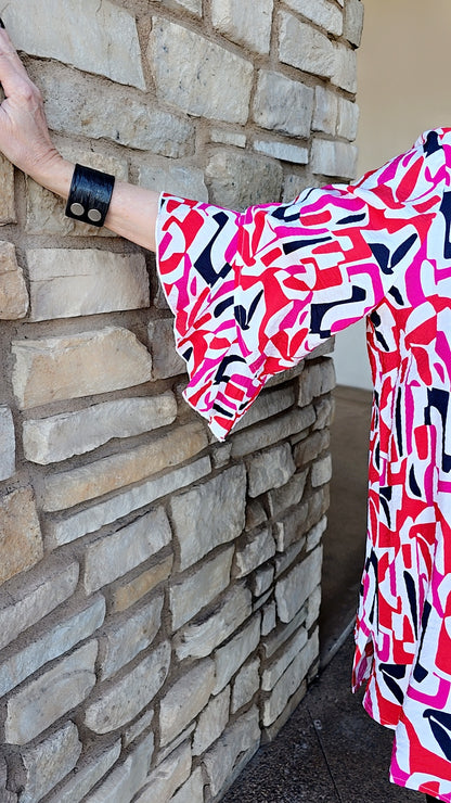 Multiples Multi Print Elbow Flounce Slv Button Front Shirt M16601BM