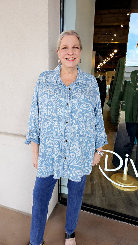 Multiples Plus Size Denim Print Button Front Shirt M16208BW
