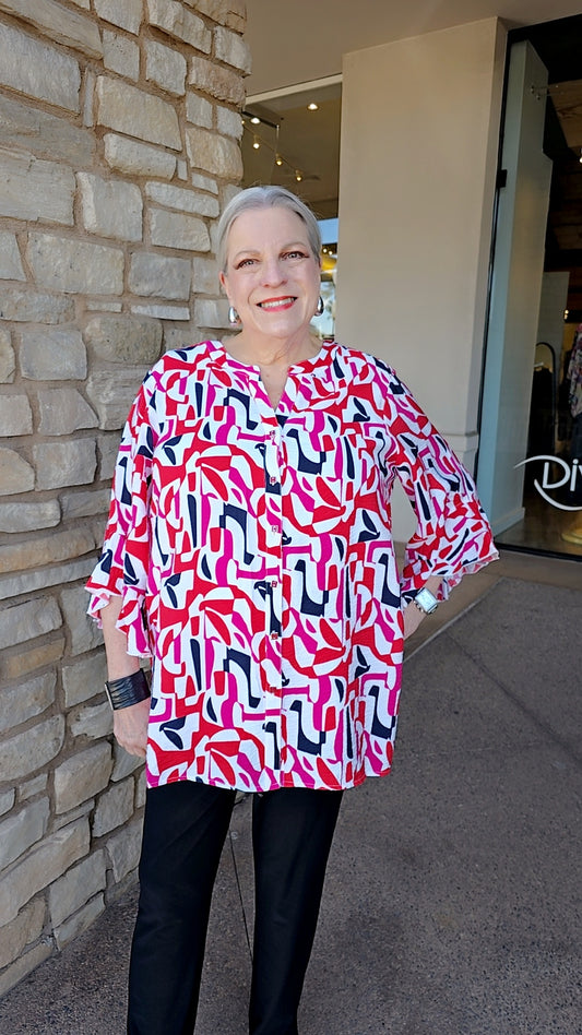 Multiples Multi Print Elbow Flounce Slv Button Front Shirt M16601BM