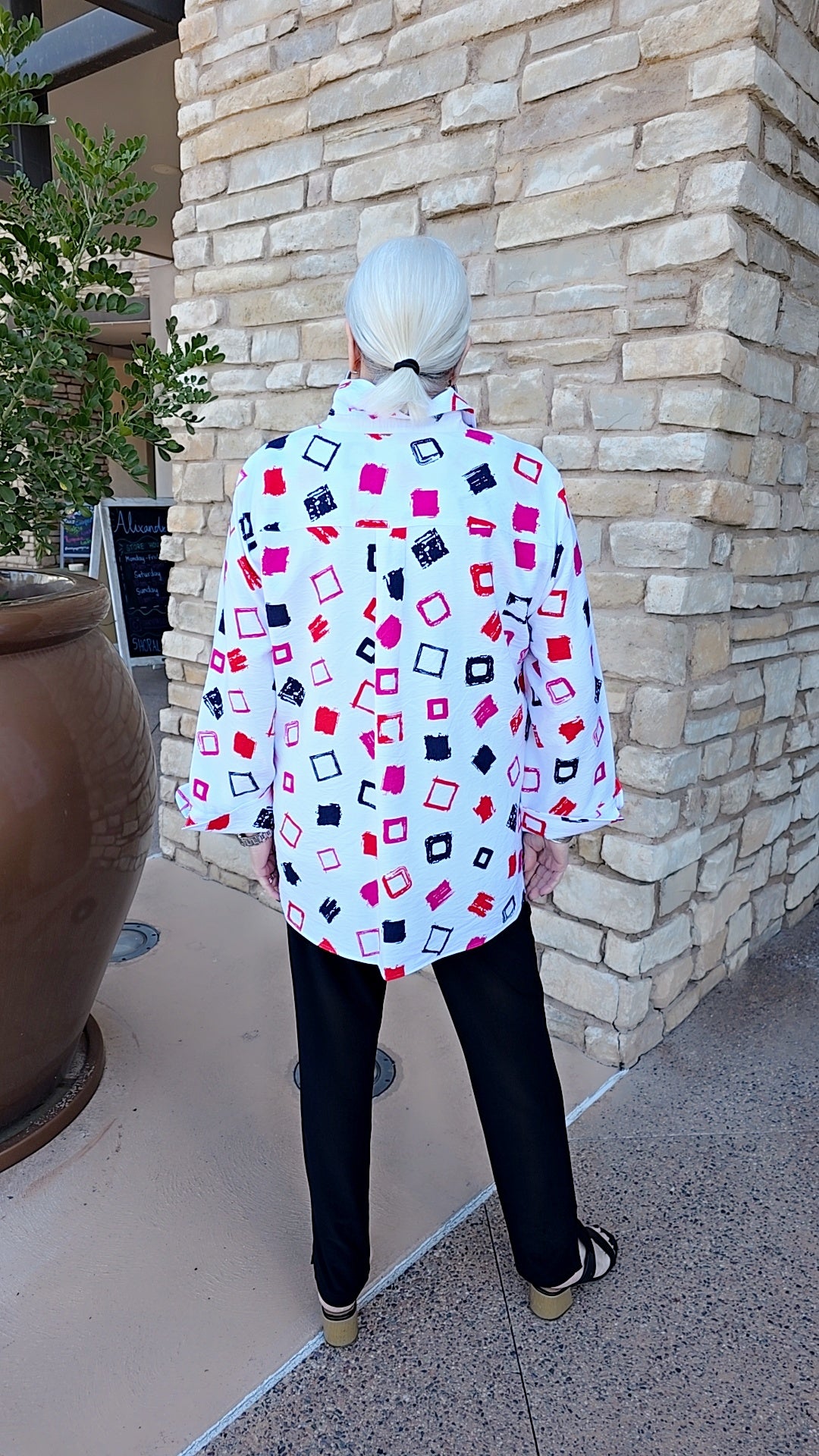 Multiples Multi Square Print Turn Up Cuff 3/4 Slv Button Front Shirt M16606BM