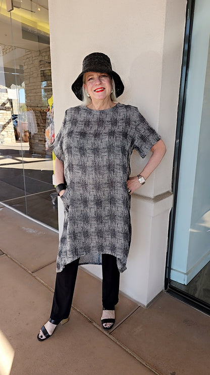 Christopher Calvin Plus Size Black/Grey S/S Houndstooth Linen Dress/Tunic 3617