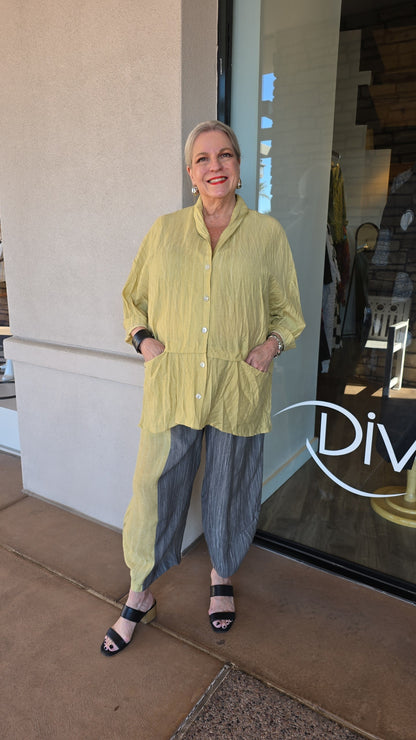 Ozai Yellow Crinkle Button Front Shirt 860138